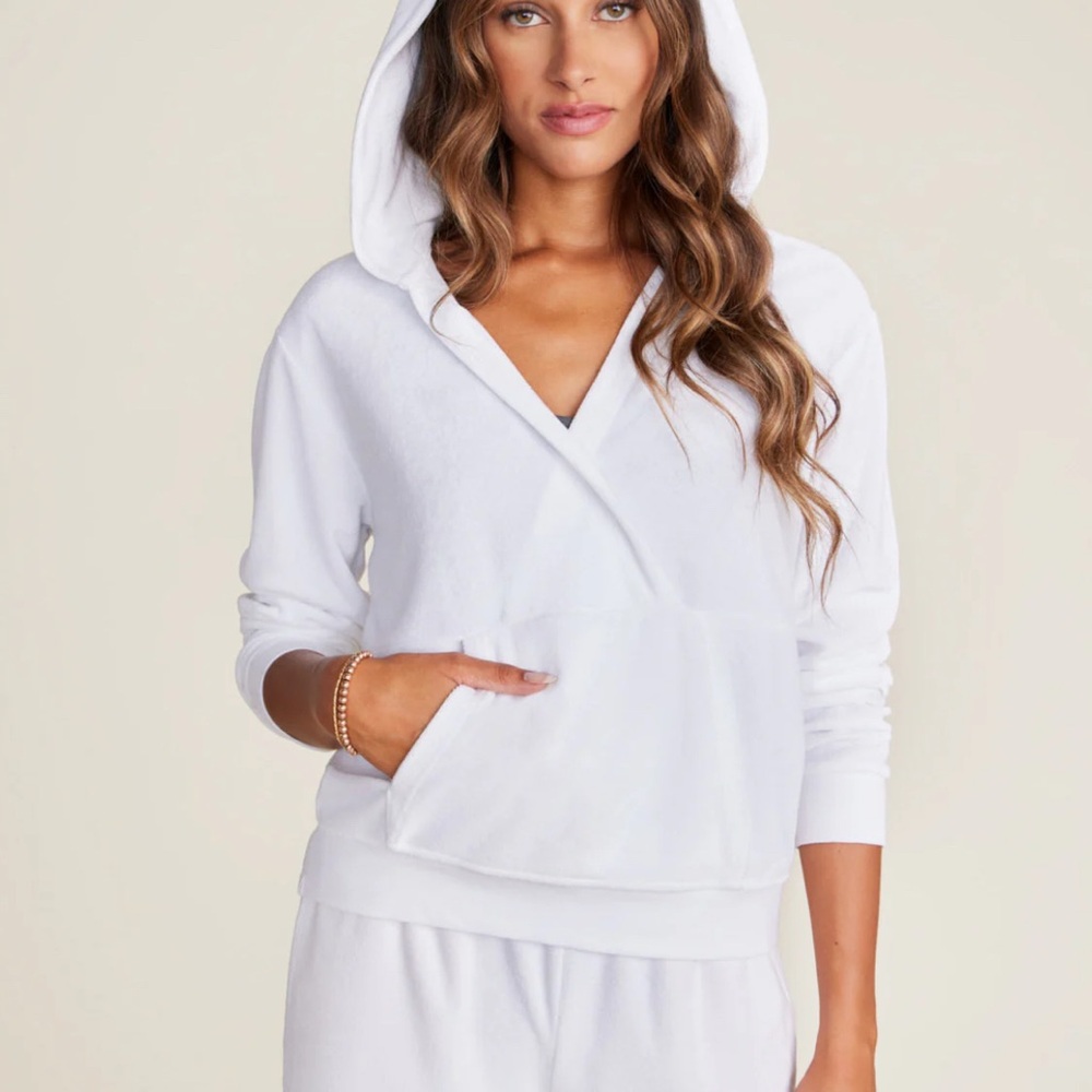 Barefoot Dreams Beach Size Large Women's White Terry Hoodie Top Shirt Pockets
